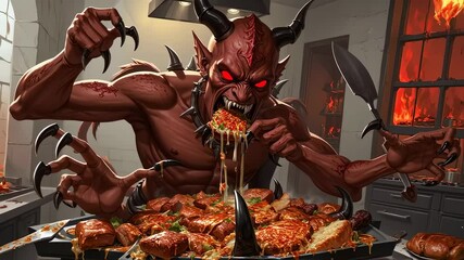 Demonic figure devouring multilayered pasta in fiery kitchen, representing insatiable supernatural appetite for infernal cuisine
