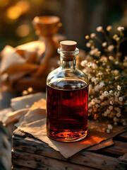 A clear glass bottle filled with dark liquid and a cork stopper on a wooden surface with flowers around it