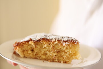 piece of cake on a plate close up