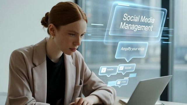 Businesswoman uses laptop for social media management and marketing strategy