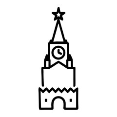 Kremlin clock tower illustration with star symbolizing Moscow, transparent background, isolated, vector, icon  