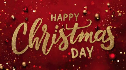 Elegant gold glitter happy christmas day text on red background with bokeh