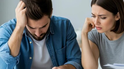 A stressed young couple examines documents and bills, facing financial difficulties at home. Family budget crisis and debt problems. Scene for banks, credit organizations, and financial counseling - Powered by Adobe