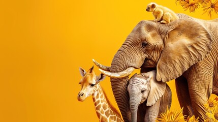 giraffe, elephant, monkey on yellow background with copy space. concept of conservation wild African animals. welcome to africa cheerful fun banner 