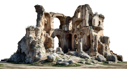 Naklejka premium Extensive ancient Roman ruins with crumbling walls, arches, and remnants of a structure, on a transparent background