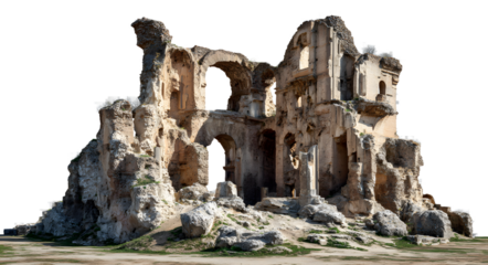 Extensive ancient Roman ruins with crumbling walls, arches, and remnants of a structure, on a transparent background