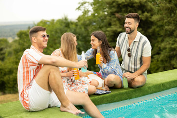 A serene moment where friends enjoy drinks, laughter, and the beauty of nature around the pool on a sunny day.