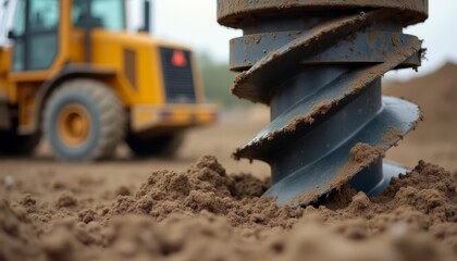 Heavy Machinery at Work: Close-Up of a Drill Bit in Action on Construction Site