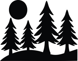 Obraz premium Pine Forest Silhouette with Sun and Hill - Stylish Vector Art for Nature Designs