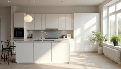 Modern Minimalist Kitchen Design Featuring Sleek White Cabinets and Bright Natural Lighting