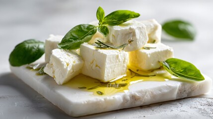 Flat lay of feta chunks, olive oil drizzle, and fresh basil on white stone plate