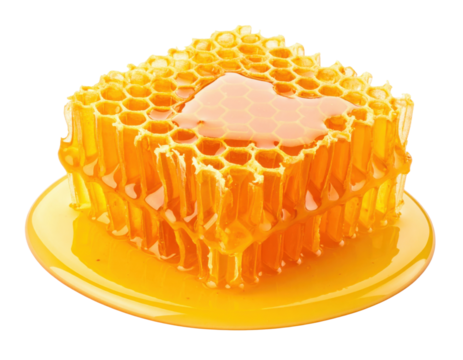 A golden honeycomb dripping with fresh honey, showcasing hexagonal cells filled with thick, amber-colored nectar.