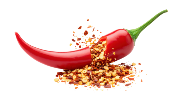 A red chili pepper is broken open, spilling crushed red chili flakes and seeds.