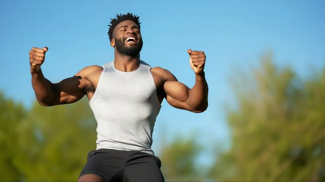 Muscular Black male athlete rejoicing after marathon, standing triumphant with arms raised, displaying intense athletic achievement and personal success