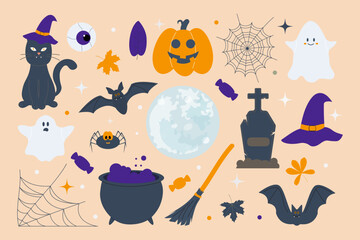 Halloween set of elements. Pumpkin, cat, ghosts, cobwebs, bats. Vector illustration.