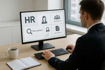Man using computer for human resources recruitment and job offers screen keyboard