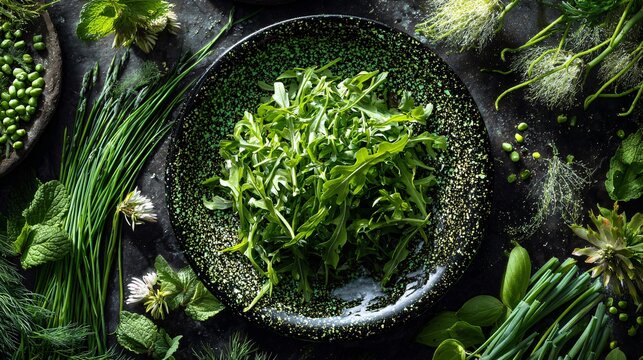 Flat lay of fresh herb salad arugula, mint, chives on speckled plate in olive green tones, surrounded by garden clippings