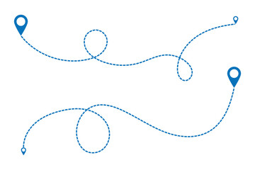 Route icon - two points with dotted path and location pin. Route location icon two pin sign and dotted line. Travel vector icon. Travel from start point and dotted line tracing. Route Optimization. 