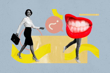 Full 3d poster art collage of happy girl guy stand bubble communication question mark ponder mouth...