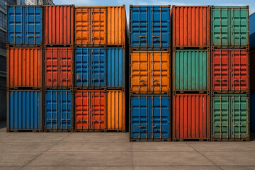 Stacked shipping containers in various colors cargo containers blue
