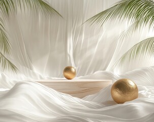 Wooden podium, gold orbs, draped fabric, palm leaves