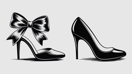 Illustration of two black high heel shoes one with a bow and one plain against a light gray background