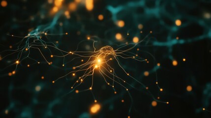 Abstract Neurons in Digital Space with Glowing Connections and Particles in Deep Blue Background Representing Neural Activity and Communication
