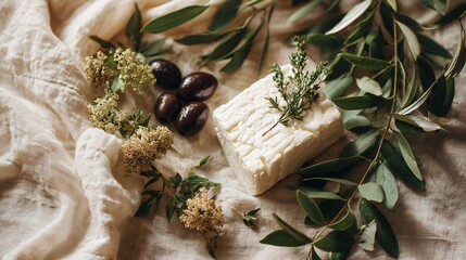 Flat lay of goat cheese, fresh herbs, and olives on cream cloth beside rustic garden foliage