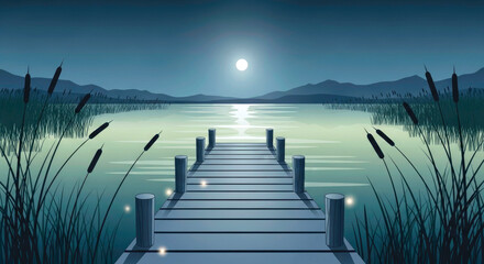 Fototapeta premium Tranquil Night Lake: Serene Moonlit Dock, Peaceful Water Reflection