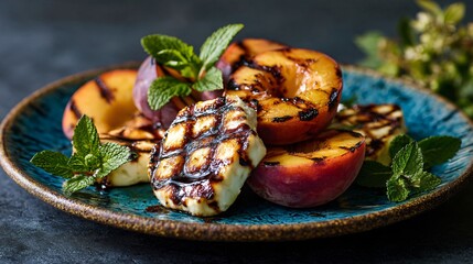 Flat lay of grilled peaches and halloumi on indigo ceramic, mustard foliage in background