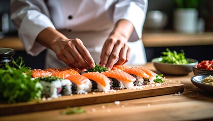Chef preparing sushi rolls on a wooden board