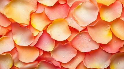 Close-Up of Soft Pink and Yellow Rose Petals with Water Droplets on a Delicate Floral Background for Various Creative Projects