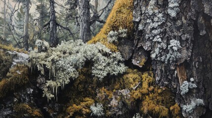 Close-Up View of Vibrant Moss and Lichen on Tree Bark in a Lush Forest Ecosystem with Soft Natural Light and Textural Details