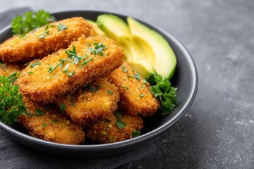 Crispy breaded tofu bites with fresh avocado slices on black plate.