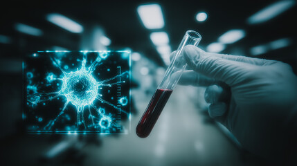 Viral Analysis: In a clinical setting, a gloved hand presents a test tube filled with a blood sample against the backdrop of a holographic virus display, epitomizing the intersection of research.