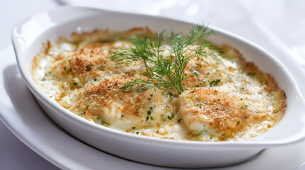 Baked Fish Gratin with Delicate Herb Crust and Fresh Dill Garnish in Elegant White Dish