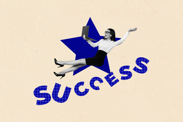 Vertical image 3d artwork photo collage of happy businesswoman businessman receive star review...