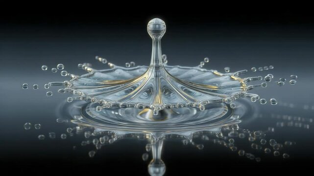 Elegant interaction of water: a drop forms a complex structure on a smooth surface. Suitable for visualization of science, physics and nature. Abstract figure