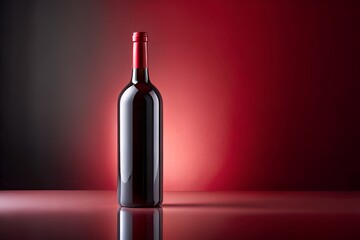 A dark wine bottle stands against a red and black gradient background