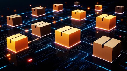 Digital supply chain concept with cardboard boxes and glowing electronic pathways - Powered by Adobe