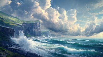 Majestic Coastal View with Rugged Cliffs and Turbulent Waves Under a Dramatic Cloudy Sky Capturing Nature's Untamed Beauty