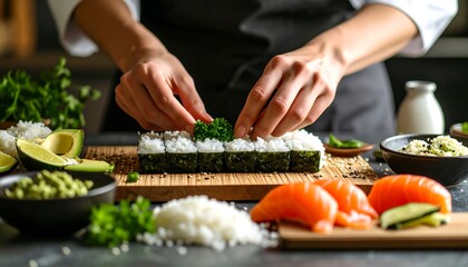 Chef's hands arrange sushi atop a cutting board