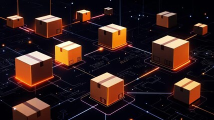 Technology-driven logistics network visualized with floating packages and glowing lines - Powered by Adobe