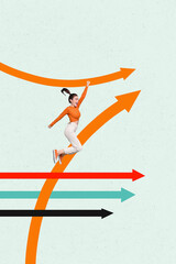 Collage artwork of woman jump on many arrows