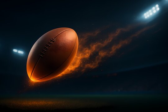 High-Speed Rugby Ball in Motion with Fiery Trail at Night Stadium – Dynamic Sports Banner for Tournament Promotions, Energy Campaigns, or Athletic Branding