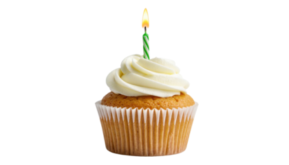 A vanilla cupcake with white frosting and a lit green striped birthday candle on top.