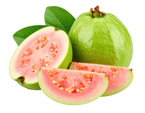 Fresh guava fruit with green skin, pink flesh, and seeds, accompanied by green leaves and cut into halves and slices.