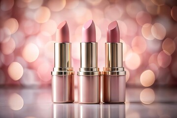 Three elegant pink lipsticks stand on a reflective surface with a bokeh background