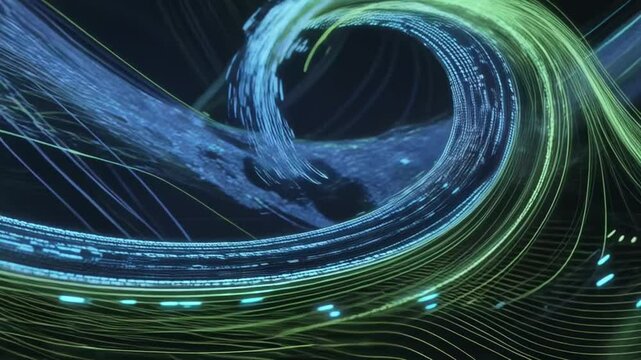 Abstract blue and green stream forming a wave shape with data transfer effect