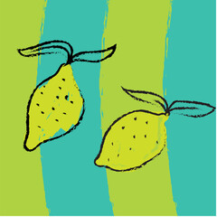Hand-drawn illustration of two yellow lemons with leaves on a striped green and turquoise background. The style is rough, expressive, and artistic, offering a fresh and unique take on traditional food
